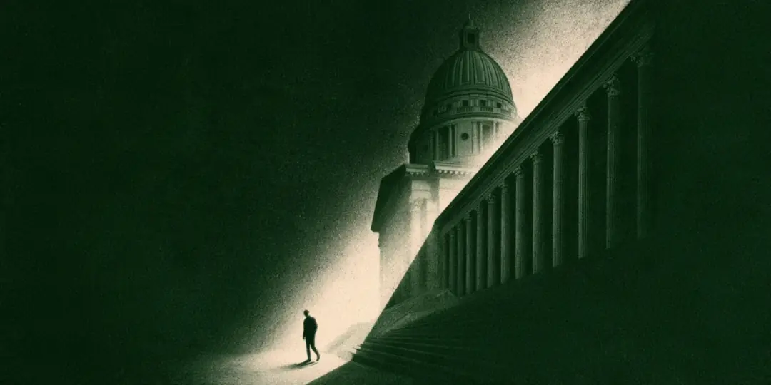Dark risograph interpretation of The Old Supreme Court Building, Singapore, with a small figure in a shaft of light.